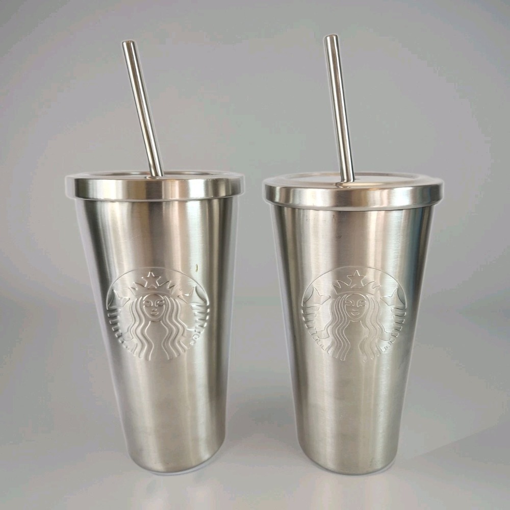 Set 2 Starbucks 16oz Silver Stainless Steel Cold Cup Tumblers Straw Siren Logo